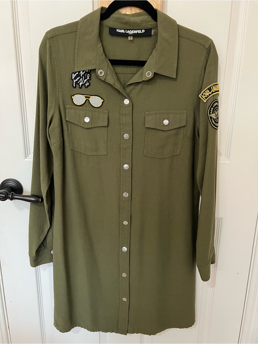 Karl Lagerfeld Olive Green Patch Pocket Shirt Dress
